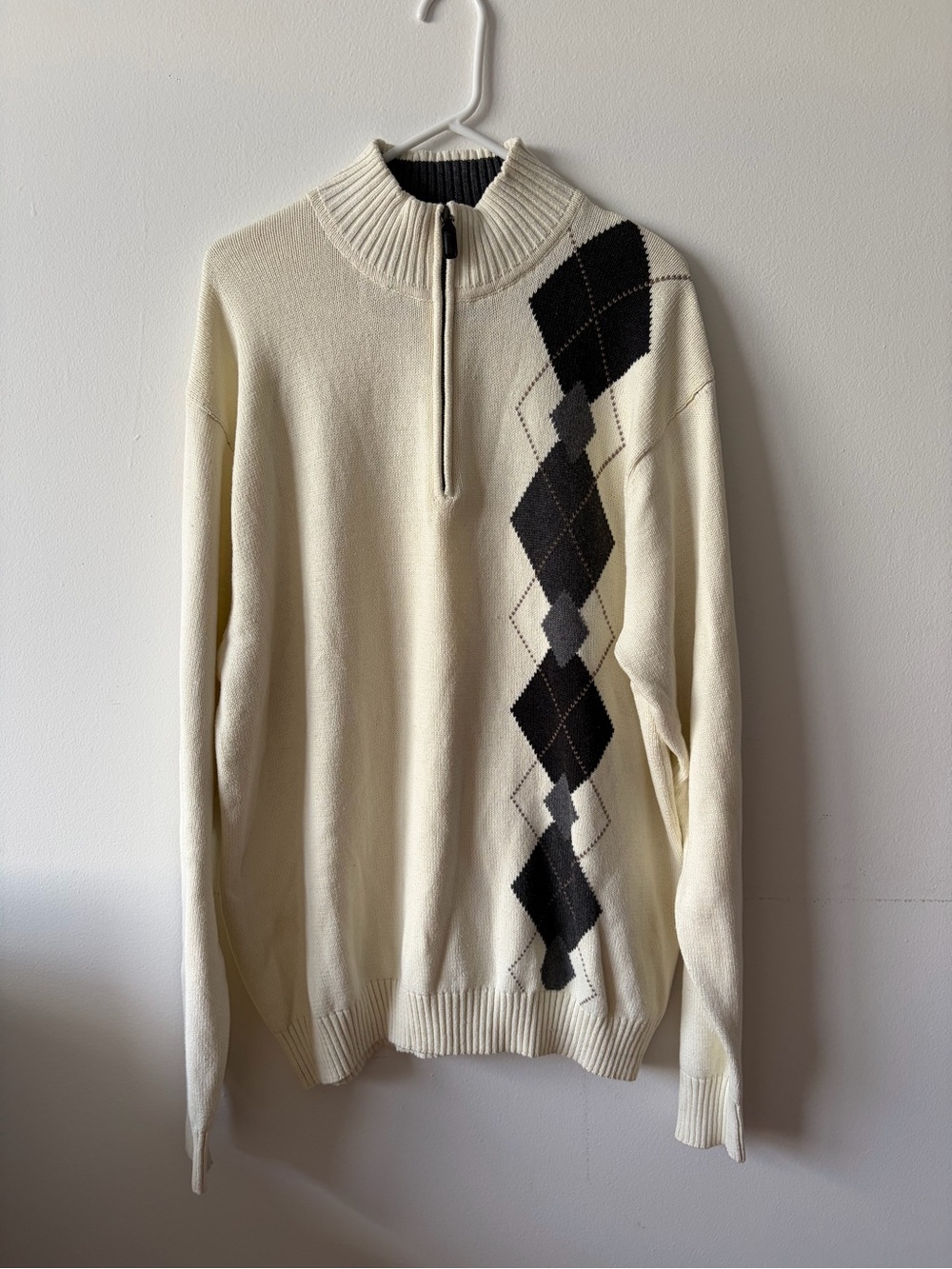 Oscar de la Renta Mens XL Cream Argyle Quarter Zip Cotton Sweater Pullover